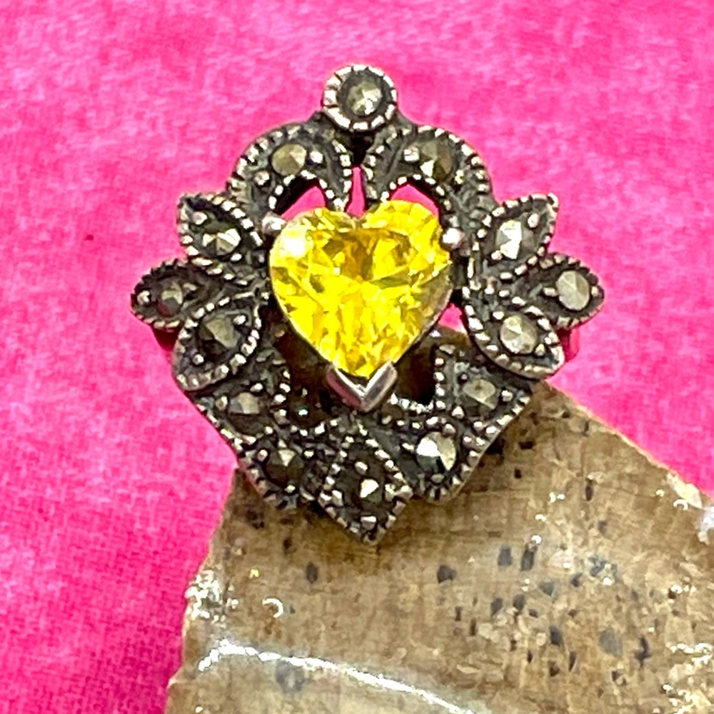 Sterling Citrine Heart and Marcasite Ring